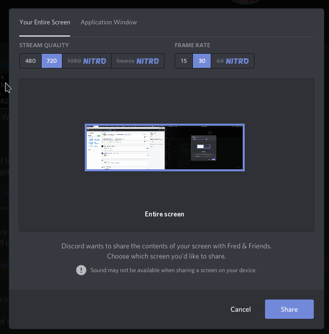 A screenshot of Discord's screen sharing interface. An exceptionally wide panel called 'Entire screen' is shown, which is actually two 1920x1080 screens joined together.