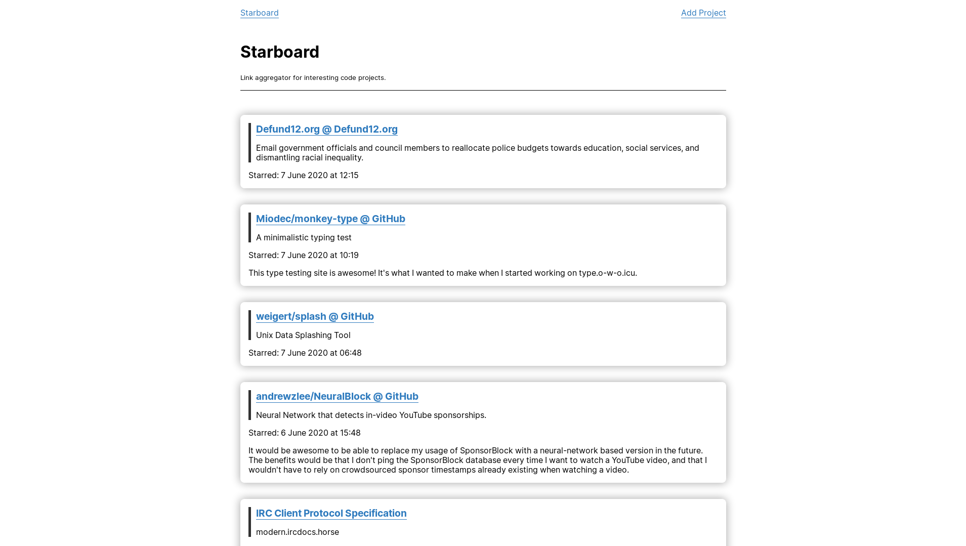 An image of the Starboard webpage, showing some starred projects